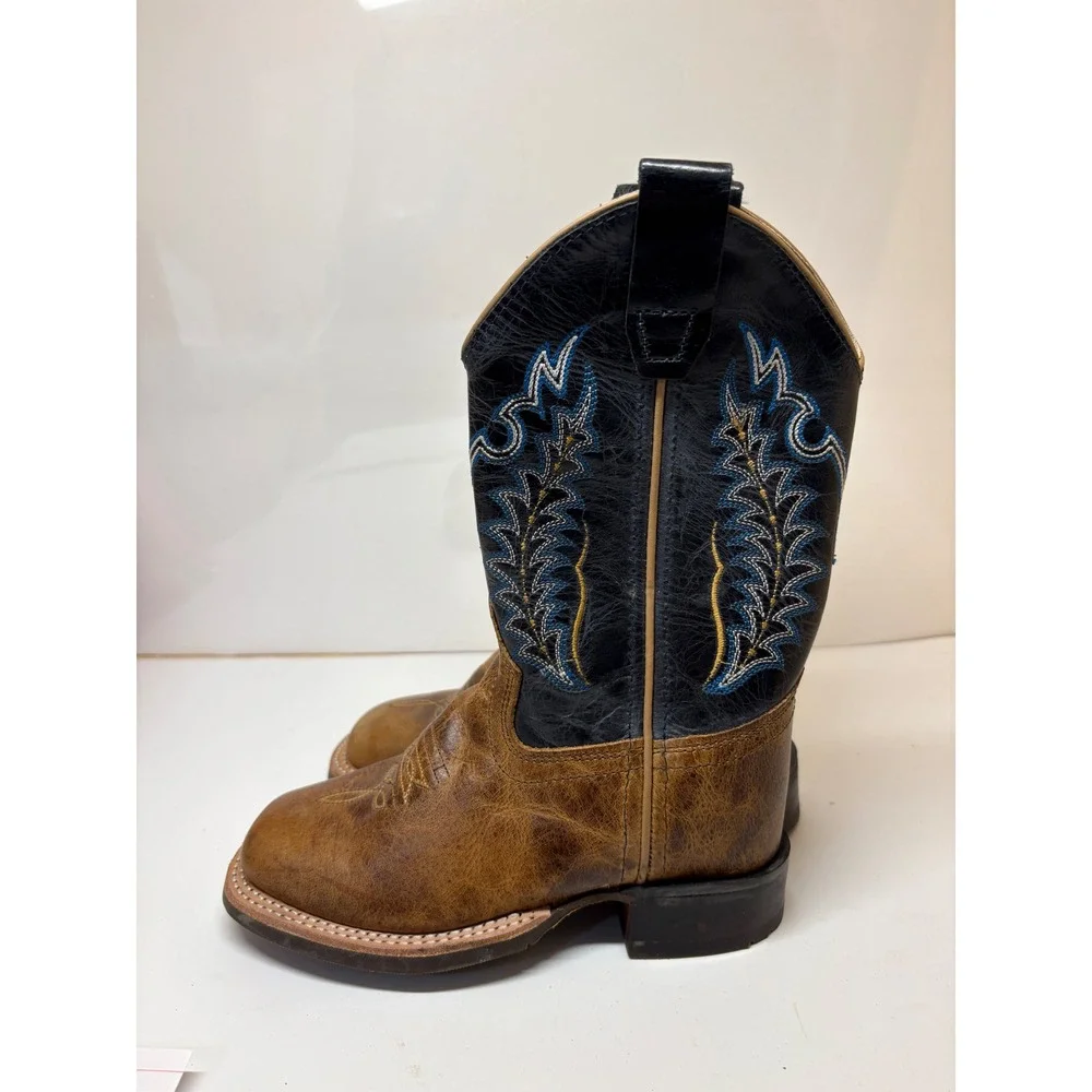 Old West Kids BSC1960 Tan Blue Embroidered Leather Cowboy Boots Size 11.5 D